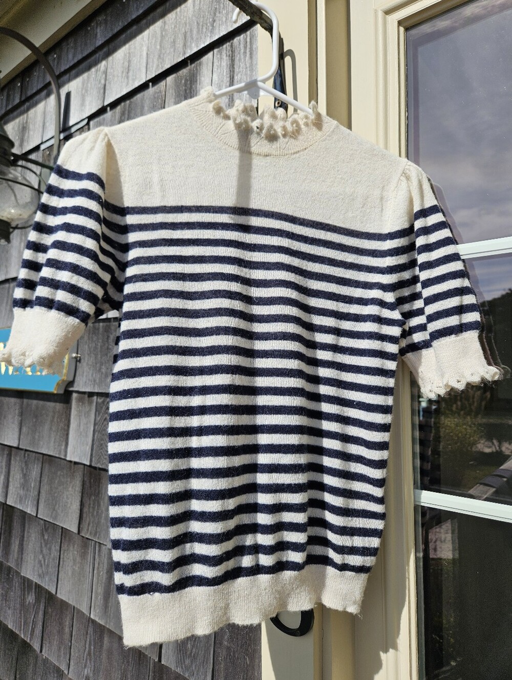Zara Navy and Cream Striped Short-Sleeve Sweater Top - Size M